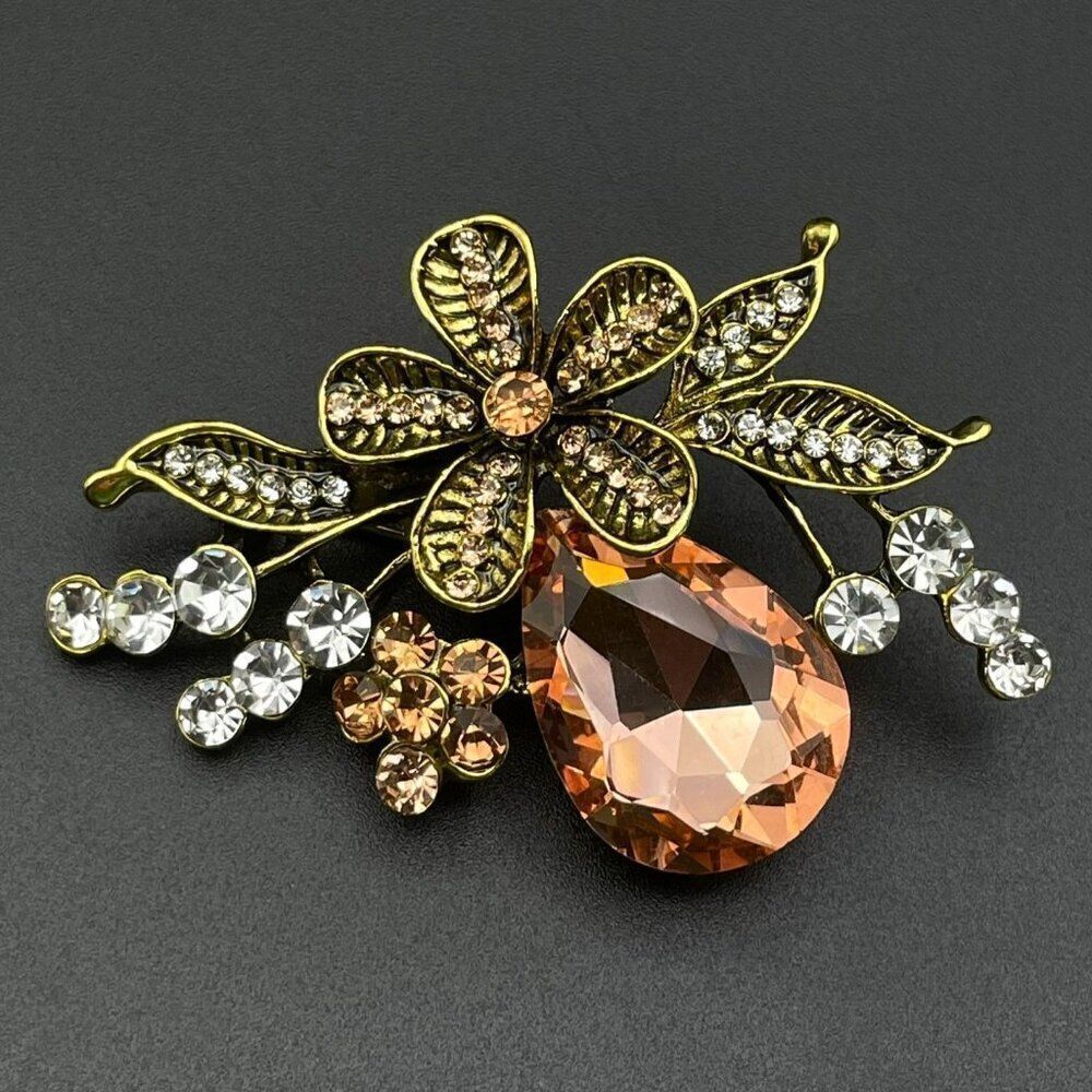 Yellow Gold with Champagne Topaz and Diamond Crystal Flower Pin Back Brooch